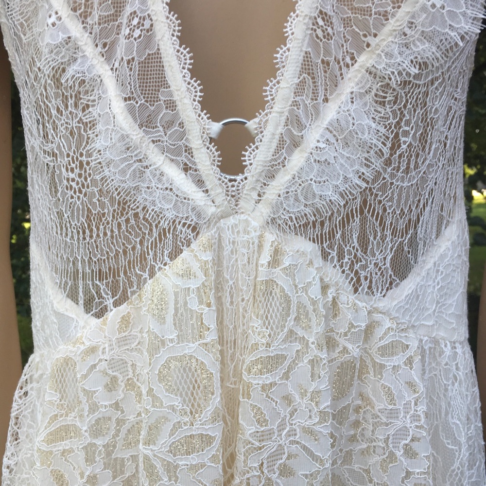 NWT FREE PEOPLE INTRICATE IVORY & GOLD OVERLAY LINED DRESS - Picture 7 of 12
